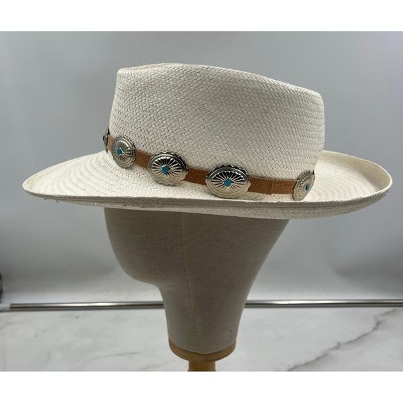 The Scala Collection Accessories - The Scala Collection White Straw Fedora Hat Western Concho Turquoise Medium USA